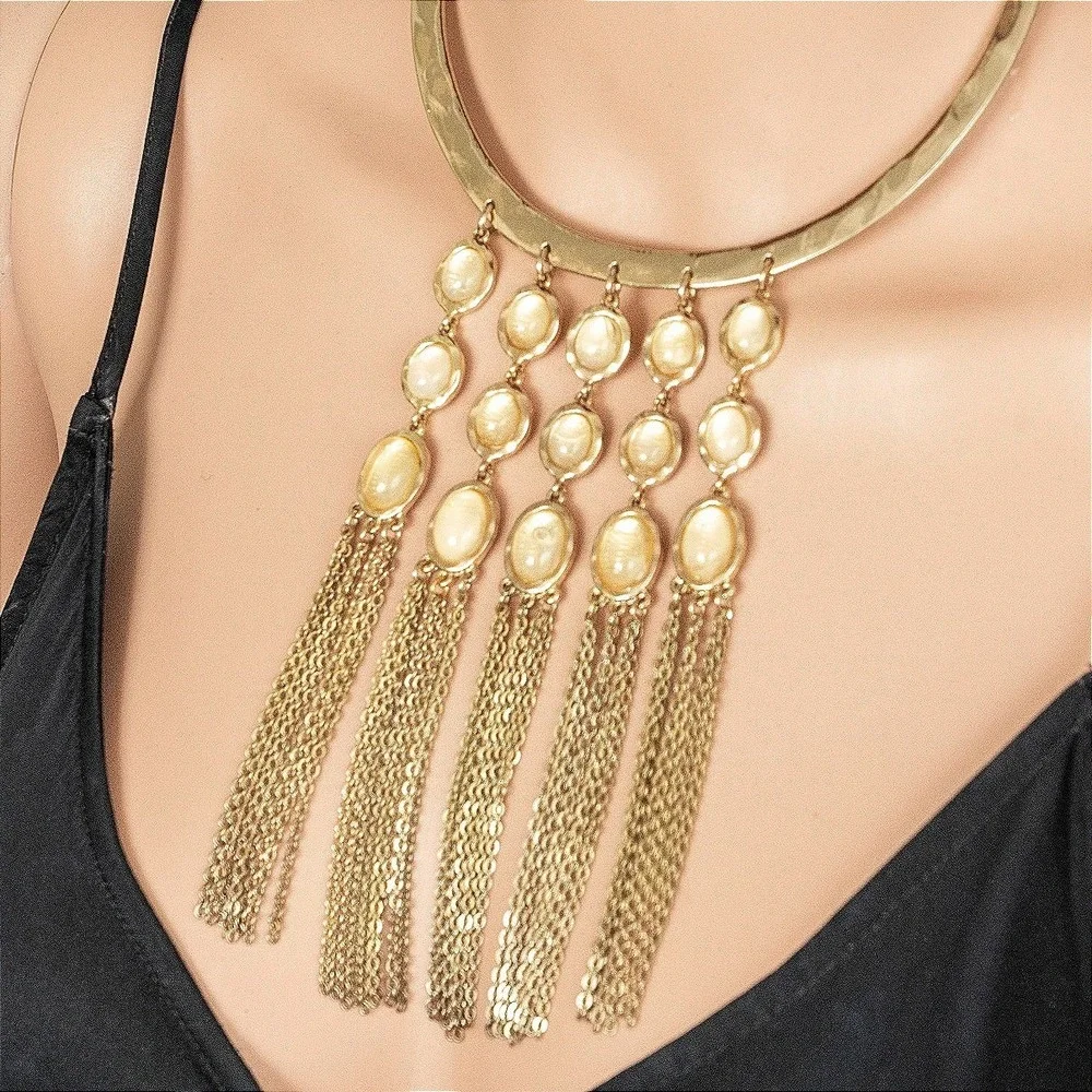 Gold Tone Collar Bib Necklace Faux Moonstone Tassel‎ Fringe Statement